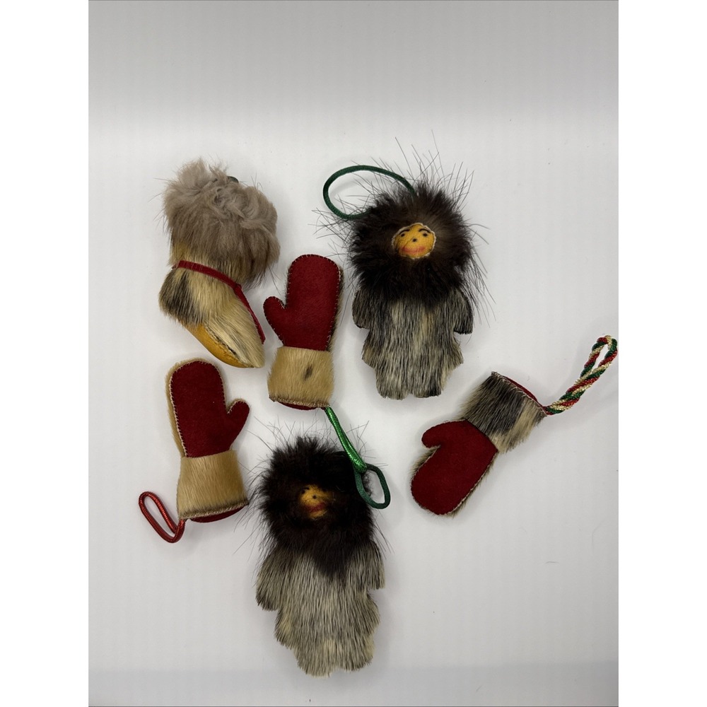 Lot 6 Artisan Handcrafted Leather Fur Pony Hair Christmas Ornaments Eskimo Boot